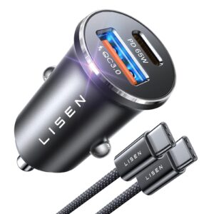 LISEN 95W Car Charger USB C Fast Charge PD65W Super Fast Charging Car Phone Charger Adapter Type C All Metal Cigarette Lighter USB Charger Adapter for iPhone 15 Pro Max iPad Pro Samsung Galaxy