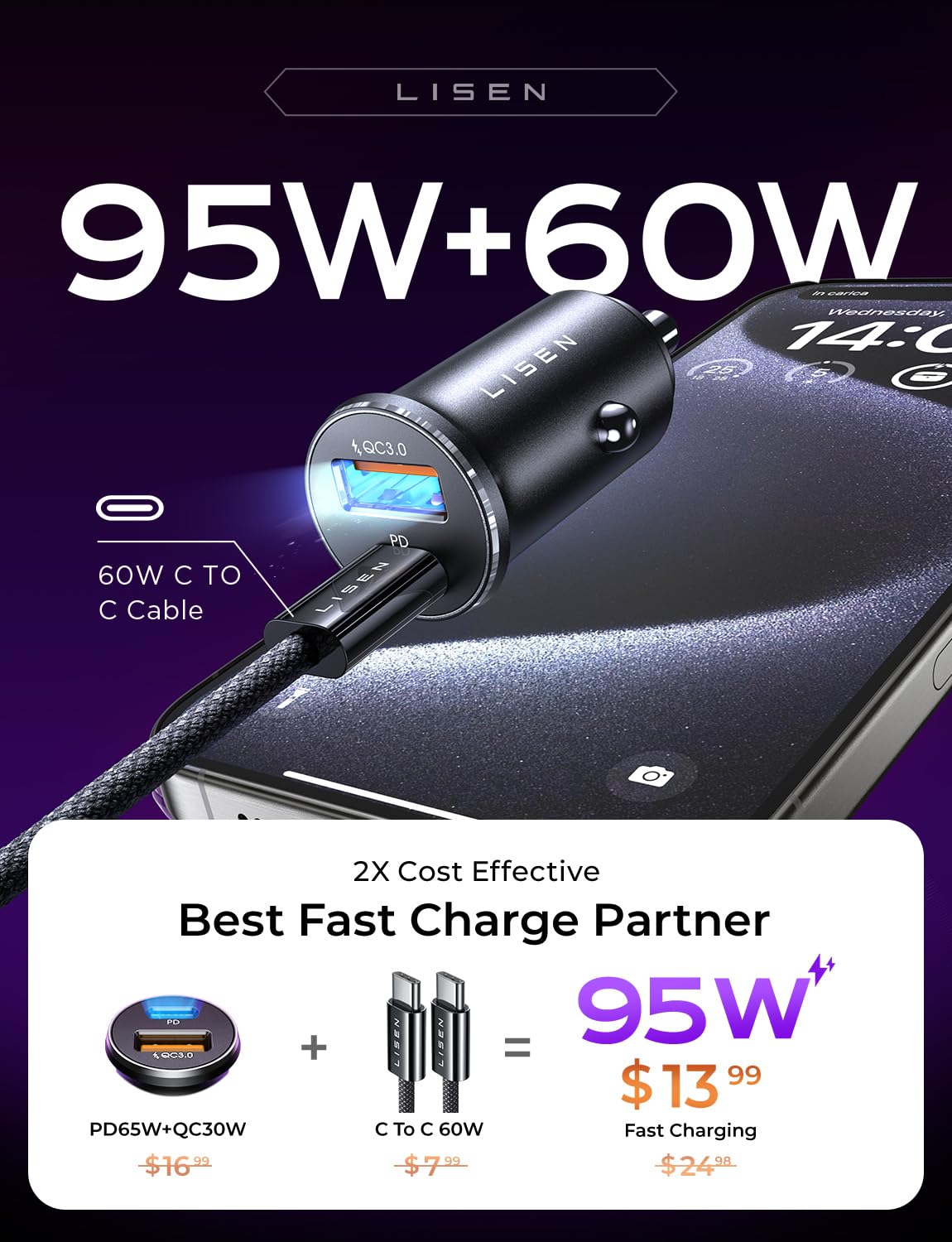 LISEN 95W Car Charger USB C Fast Charge PD65W Super Fast Charging Car Phone Charger Adapter Type C All Metal Cigarette Lighter USB Charger Adapter for iPhone 15 Pro Max iPad Pro Samsung Galaxy