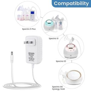 12V Charger Replacement for Spectra Breast Pump S1, S2 Plus, S3 Pro, 9 Plus, 6ft Charging Power Cord