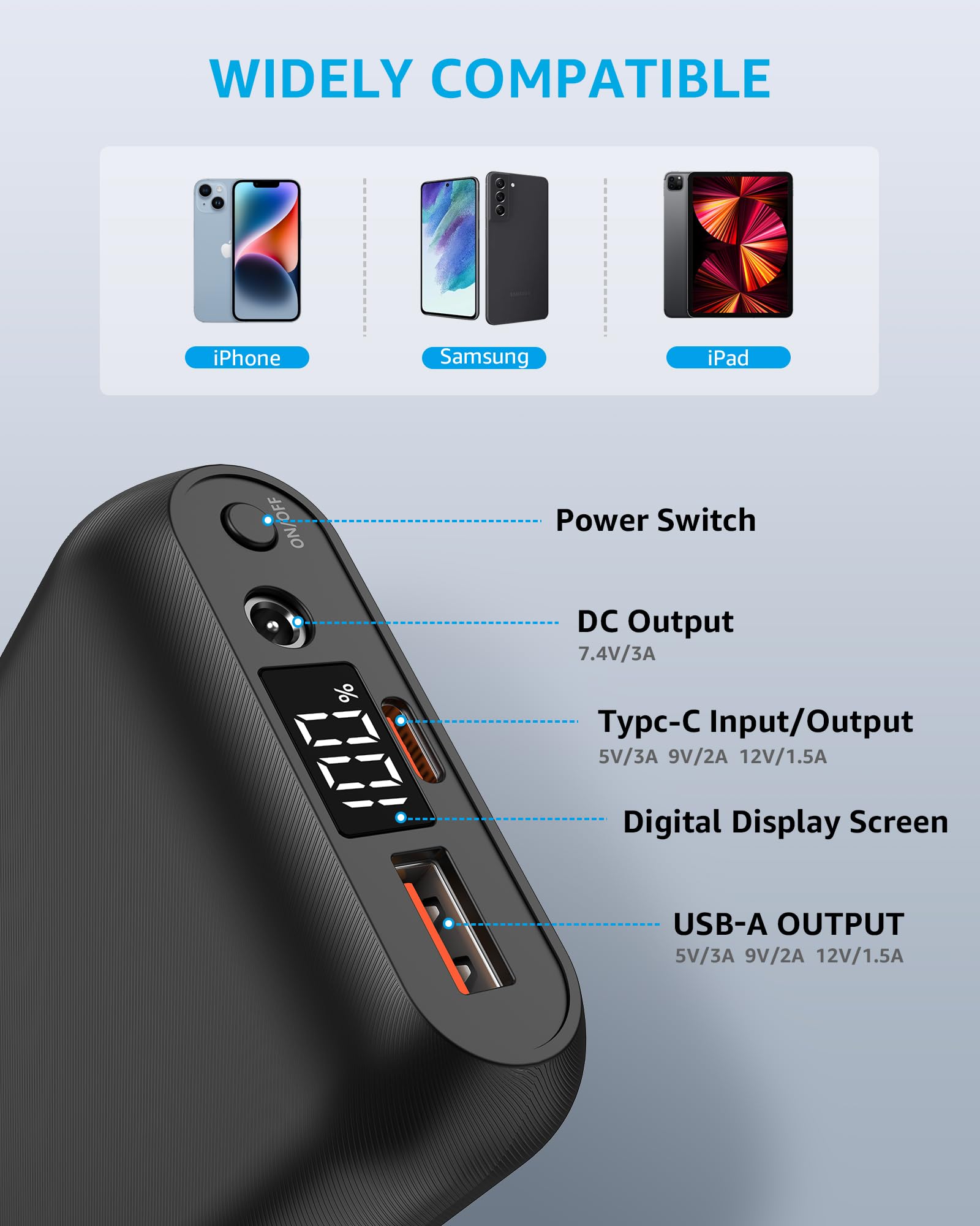 Buvizas 7.4V 16000mAh Heated Vest Battery Pack, Rechargeable Battery Pack for Heated Vest with DC and USB Output Ports, LED Display Portable Power Bank for Heated Vest,Jacket,Pants(No Ororo)