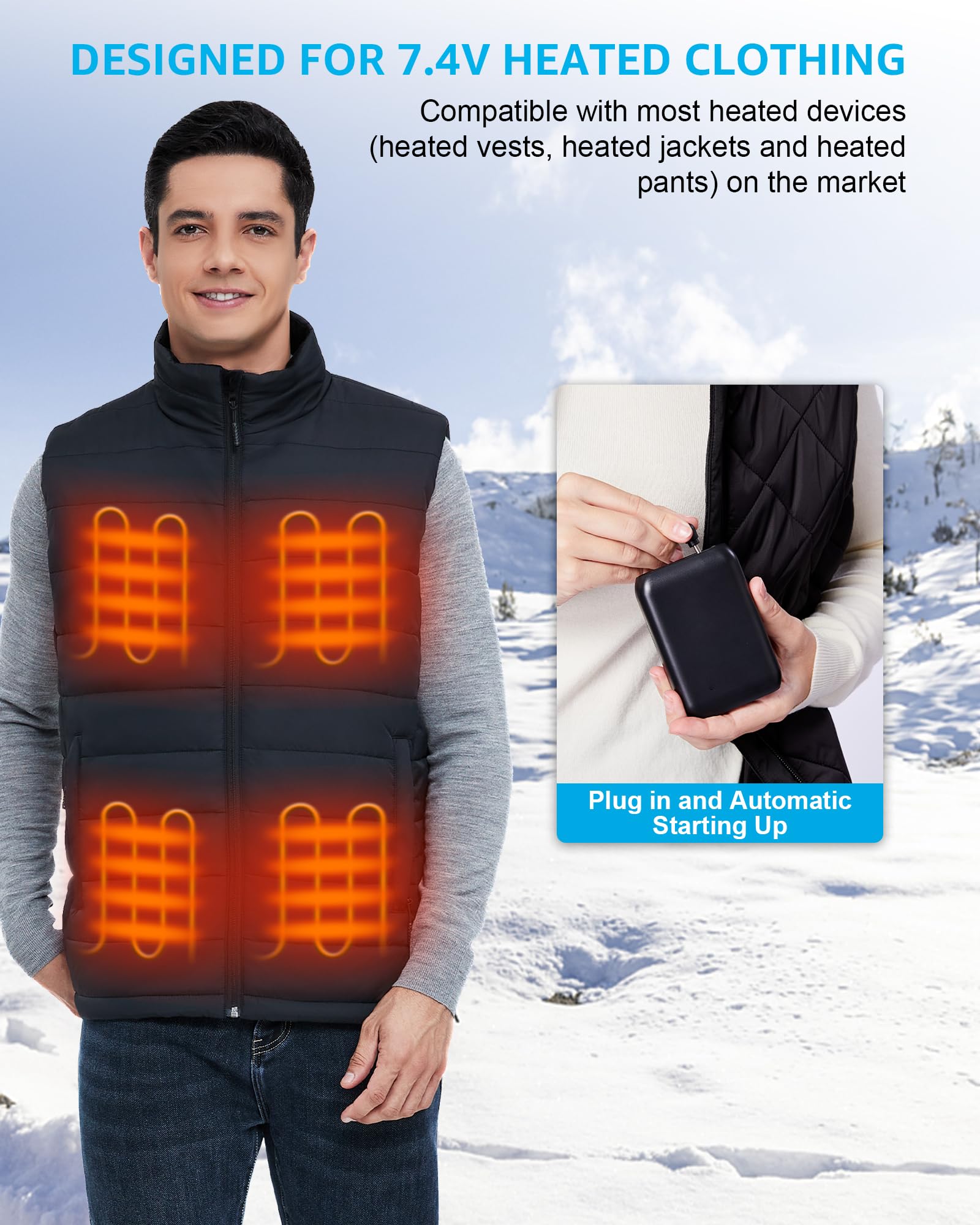 Buvizas 7.4V 16000mAh Heated Vest Battery Pack, Rechargeable Battery Pack for Heated Vest with DC and USB Output Ports, LED Display Portable Power Bank for Heated Vest,Jacket,Pants(No Ororo)