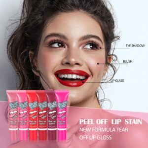 YBUETE 6 Colors Peel Off Lip Stain Lip Tint, Peel Reveal Lip Stain, Waterproof Long-Lasting Tear-off Lip Gloss, Peel Off Tattoo Lipsticks, Nonstick Cup Lip Gloss, Matte Nude Lip stain, Tattoo Magic Color Lip Set for Women Girl