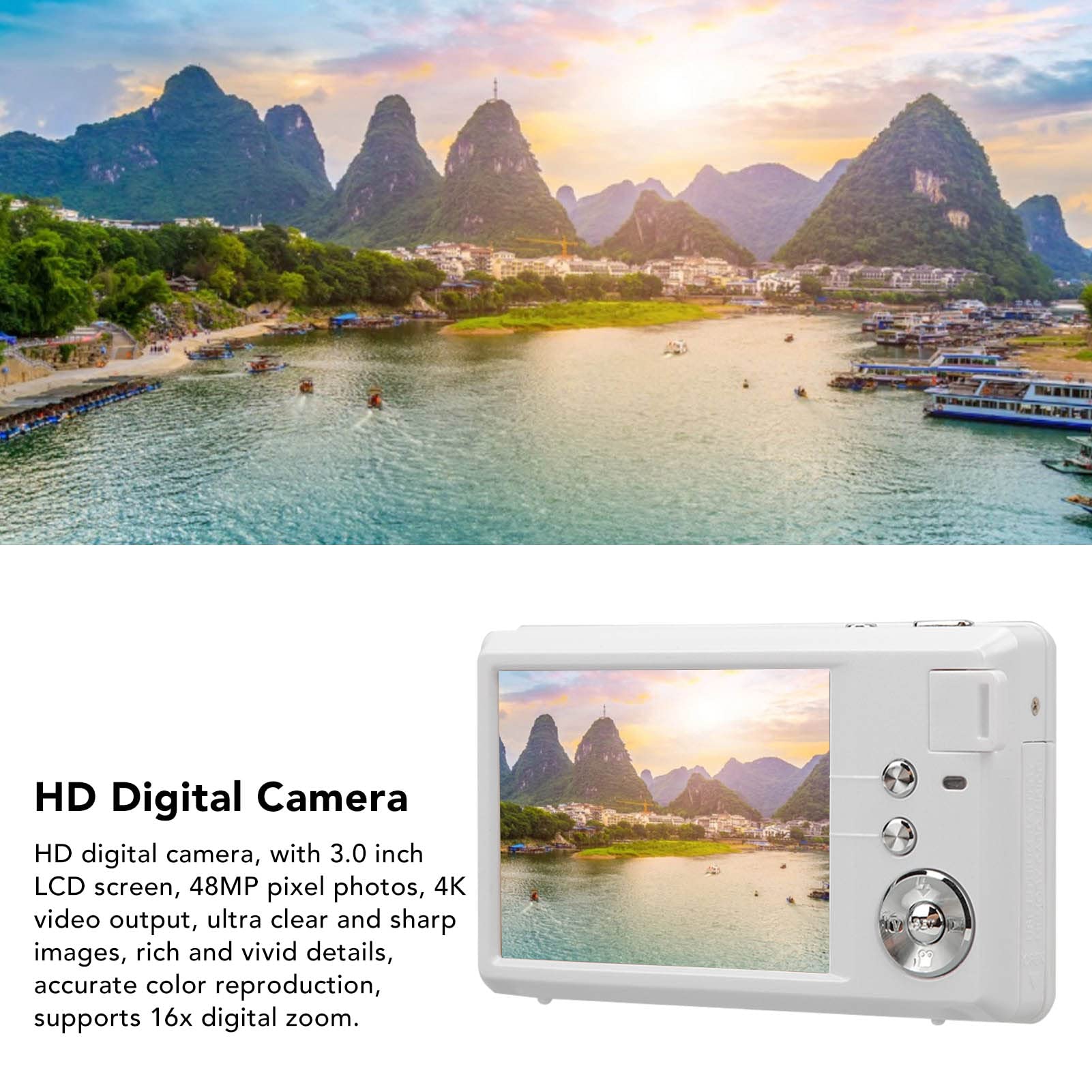 HD Digital Camera, 3.0 Inch LCD Screen AntiShake Compact Digital Camera Electronic Shutter Intuitive Buttons with Hand Strap for Teens for Camping (White)