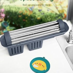 TREANY Expandable Roll Up Dish Drying Rack with Utensil Holder,Over The Sink Dish Drainer,304 Stainless Steel,Multipurpose,Best Gadget for Many Kitchen Task (14.5'' x 22.3'', Grey)