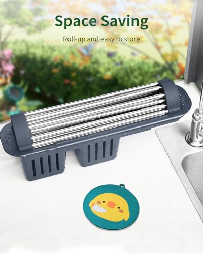 TREANY Expandable Roll Up Dish Drying Rack with Utensil Holder,Over The Sink Dish Drainer,304 Stainless Steel,Multipurpose,Best Gadget for Many Kitchen Task (14.5'' x 22.3'', Grey)