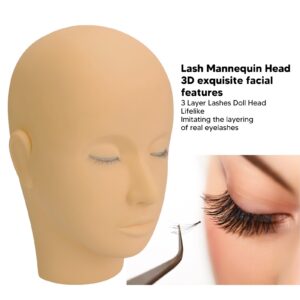 Makeup Practice Mannequin, 3D Simulated Face with 3 Layer Lashes Doll Head, Soft Silicone for Eyelash Extension Practice (Light Coffee)