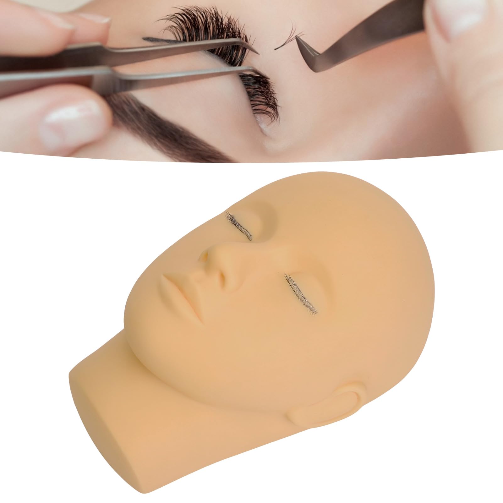 Makeup Practice Mannequin, 3D Simulated Face with 3 Layer Lashes Doll Head, Soft Silicone for Eyelash Extension Practice (Light Coffee)