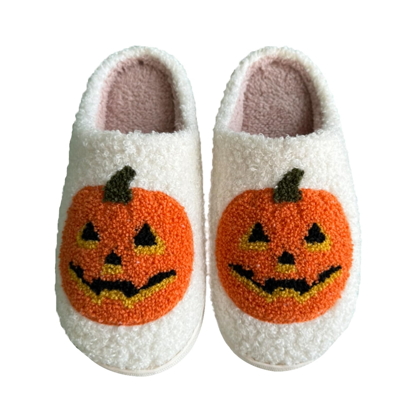 EGAEATU Halloween Slippers for Women,Soft Plush Comfy Halloween Pumpkin Slippers Slip-on Cozy Indoor Outdoor Slippers Fluffy house slippers for Women Men-White