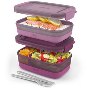 ello 2-pack bento box lunch stack plastic food storage container, raspberry, leak-proof, bpa-free, freezer, microwave and dishwasher safe