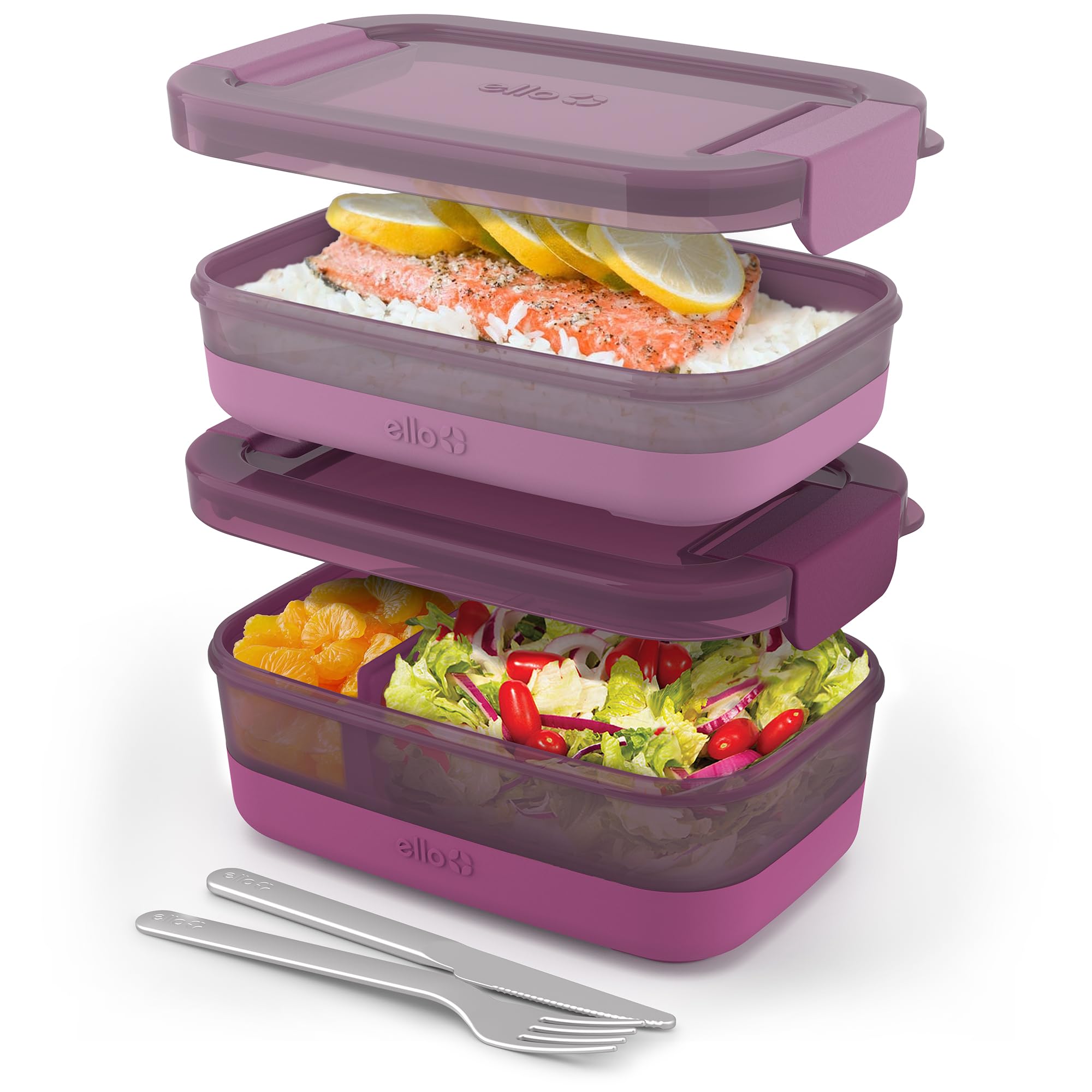 Ello 2-Pack Bento Box Lunch Stack Plastic Food Storage Container, Raspberry, Leak-Proof, BPA-Free, Freezer, Microwave and Dishwasher Safe