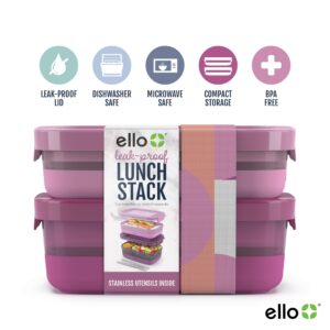 Ello 2-Pack Bento Box Lunch Stack Plastic Food Storage Container, Raspberry, Leak-Proof, BPA-Free, Freezer, Microwave and Dishwasher Safe