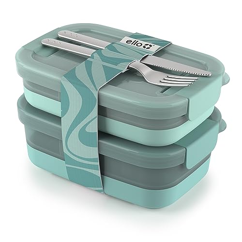 Ello 2-Pack Bento Box Lunch Stack Plastic Food Storage Container | Leak-Proof Locking Plastic Lids | Silicone Base | BPA-Free | Freezer Microwave and Dishwasher Safe | Mint Chip