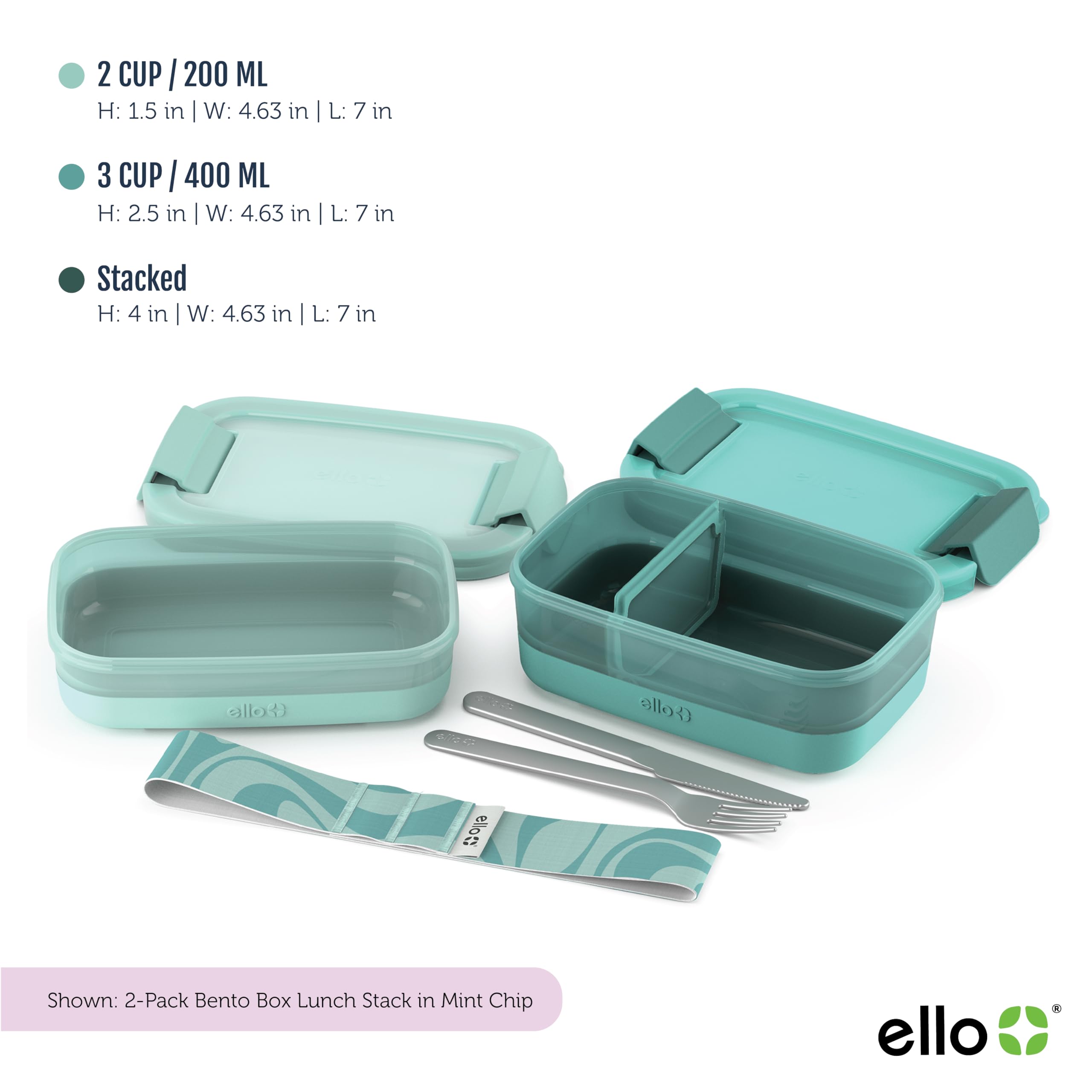 Ello 2-Pack Bento Box Lunch Stack Plastic Food Storage Container | Leak-Proof Locking Plastic Lids | Silicone Base | BPA-Free | Freezer Microwave and Dishwasher Safe | Mint Chip