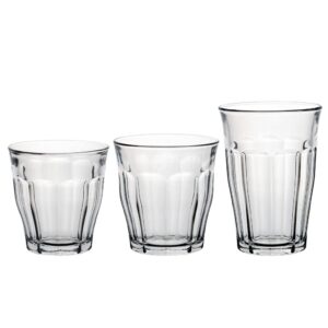 duralex made in france picardie 18-piece glass tumbler drinking set, clear. set includes; (6 units) 8-3/8 oz tumblers; (6 units) 10-3/8 oz tumblers; (6 units) 12-1/8 tumblers