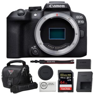 canon eos r10 mirrorless camera bundled with 64gb memory card + camera case with rain cover + microfiber cleaning cloth (4 items)