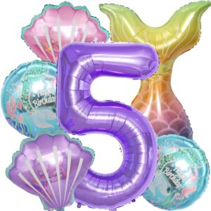mermaid birthday party decorations, mermaid birthday party supplies included mermaid tail seashell and 40 inch purple number 5 balloons, girl's 5th birthday party and baby shower favors