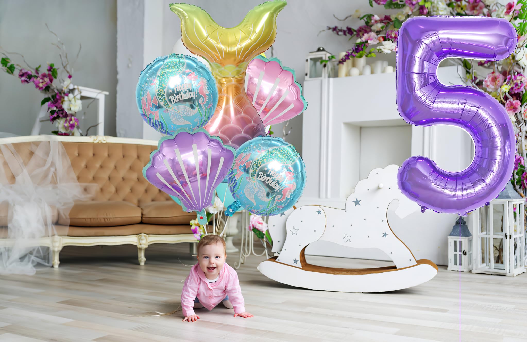 Mermaid Birthday Party Decorations, Mermaid Birthday Party Supplies Included Mermaid Tail Seashell and 40 Inch Purple Number 5 Balloons, Girl's 5th Birthday Party and Baby Shower Favors