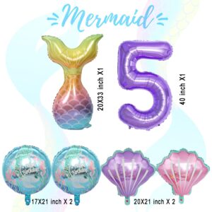 Mermaid Birthday Party Decorations, Mermaid Birthday Party Supplies Included Mermaid Tail Seashell and 40 Inch Purple Number 5 Balloons, Girl's 5th Birthday Party and Baby Shower Favors