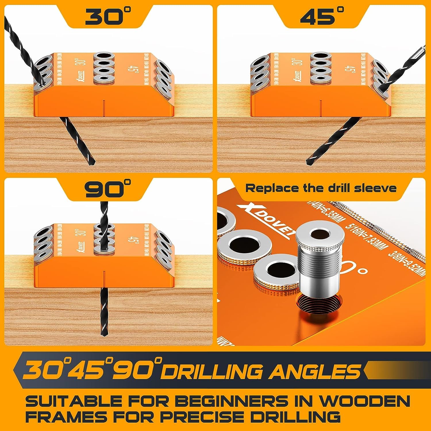 XDOVET 30 45 90 Degree Angle 4 Sizes Drill Jig for Angled Holes/Straight Holes, Drill Guide for Cable Railing Lag Screw Wood Post, Durable Aluminum Alloy Drilling Jig for Deck Stair Handrail