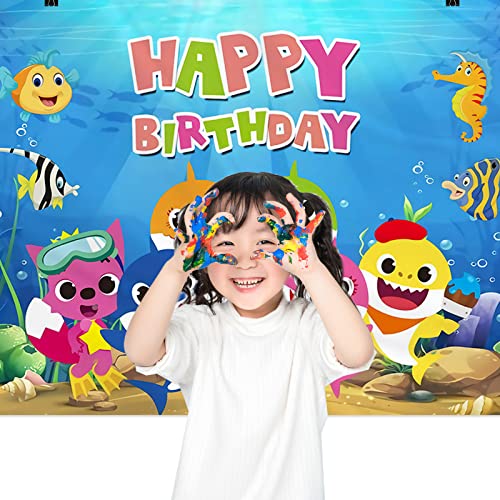 5X3 FT Shark Birthday Party Backdrop for Kids, Cartoon Birthday Party Photo Background for Baby Shower Party Decoration Boys Girls Birthday Photography Backdrop (5X3 FT-A)