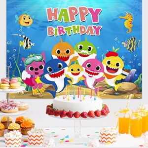 5X3 FT Shark Birthday Party Backdrop for Kids, Cartoon Birthday Party Photo Background for Baby Shower Party Decoration Boys Girls Birthday Photography Backdrop (5X3 FT-A)