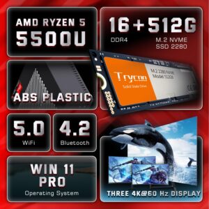 Trycoo HA-3 Mini PC,AMD Ryzen 5 5500U Processor(4.0Ghz),16GB RAM 512GB SSD,Windows 11 Pro Mini Desktop Computer,4K@60Hz Output HD 2.0/Type-C/WiFi 6 /BT5.2 /USB3.2 /Gigabit Ethernet/