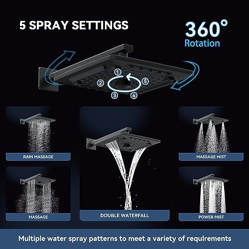 ELLO&ALLO Matte Black Bathroom Shower Faucet Set with Valve, Rainfall Shower Head with Handheld Combo