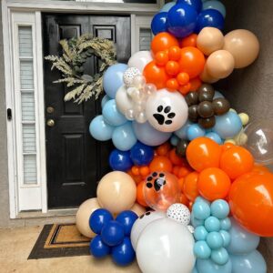 168Pcs Blue Orange Dog Balloons Garland Kit with Orange Blue White Nude Balloons for Baby Shower Decorations Boys Girls Birthday Party Supplies