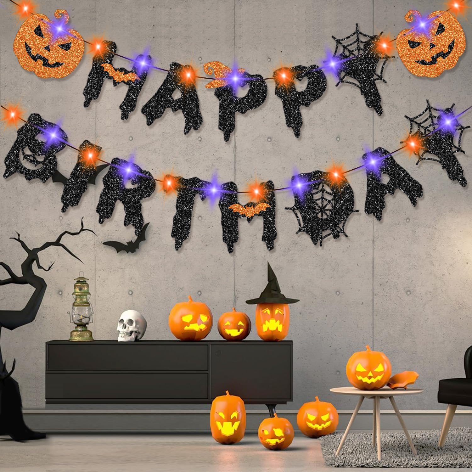 Halloween Happy Birthday Banner with Lights, Halloween Birthday Party Decorations, Black Glitter Halloween Happy Birthday Banner with String Lights, Pumpkin Bat Orange Purple LED Lights String