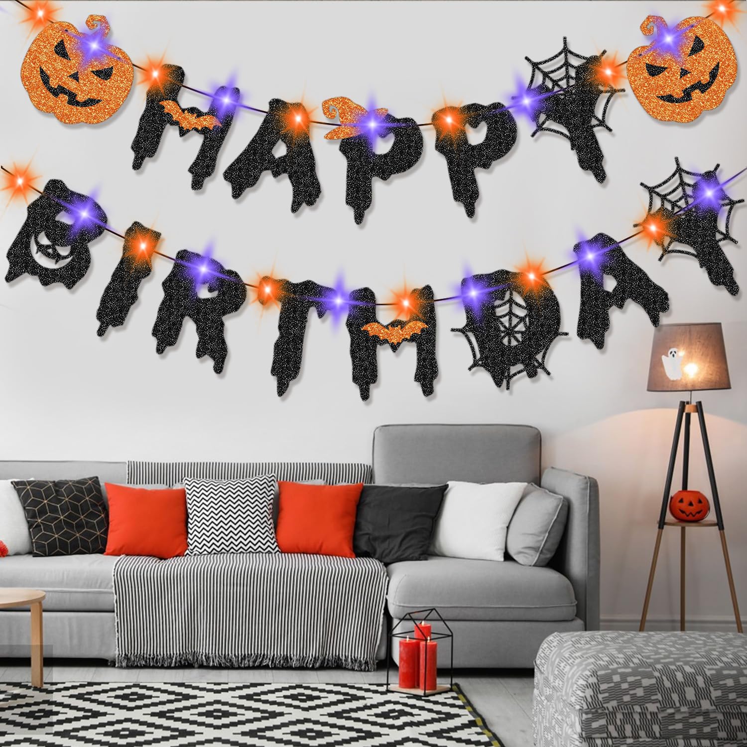 Halloween Happy Birthday Banner with Lights, Halloween Birthday Party Decorations, Black Glitter Halloween Happy Birthday Banner with String Lights, Pumpkin Bat Orange Purple LED Lights String