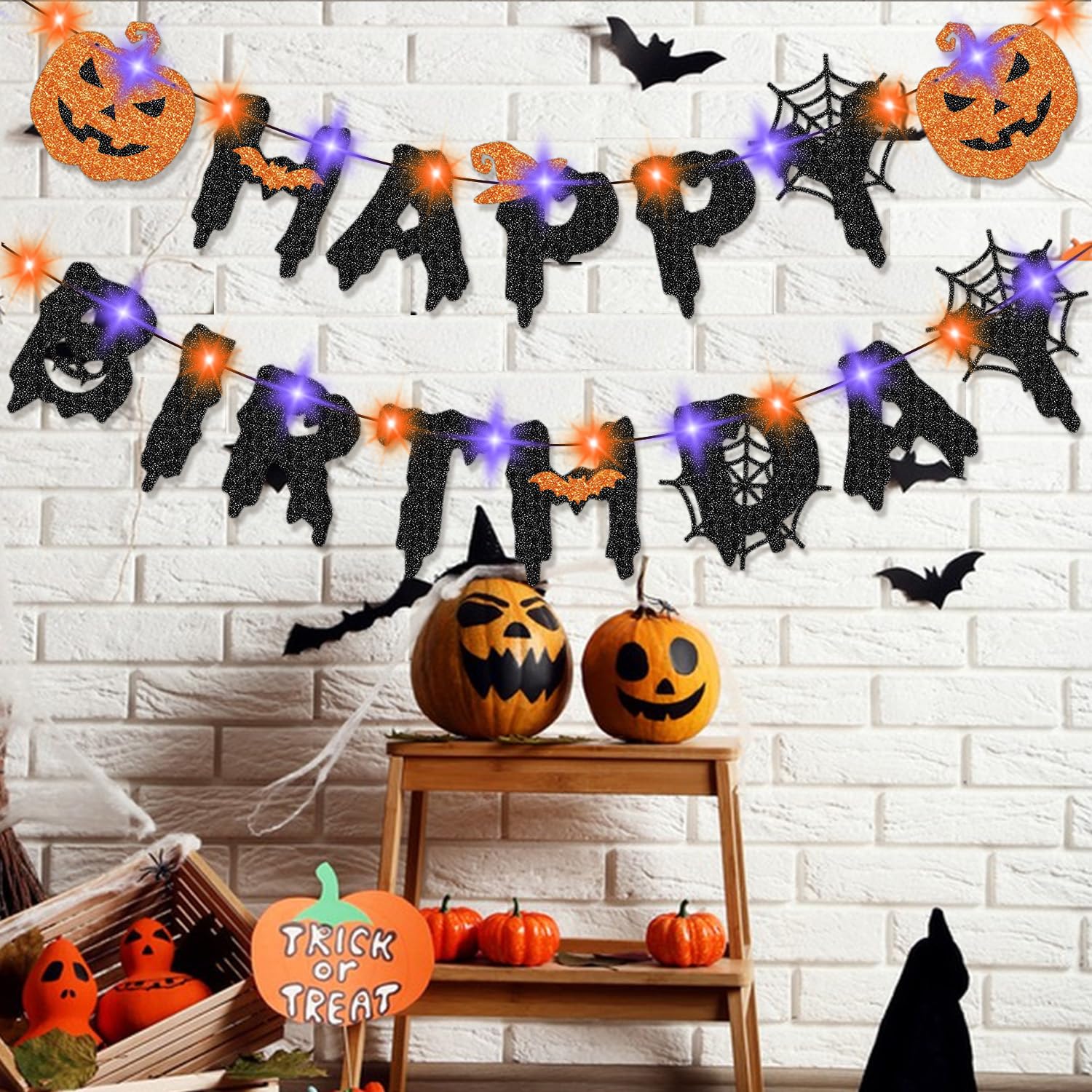 Halloween Happy Birthday Banner with Lights, Halloween Birthday Party Decorations, Black Glitter Halloween Happy Birthday Banner with String Lights, Pumpkin Bat Orange Purple LED Lights String