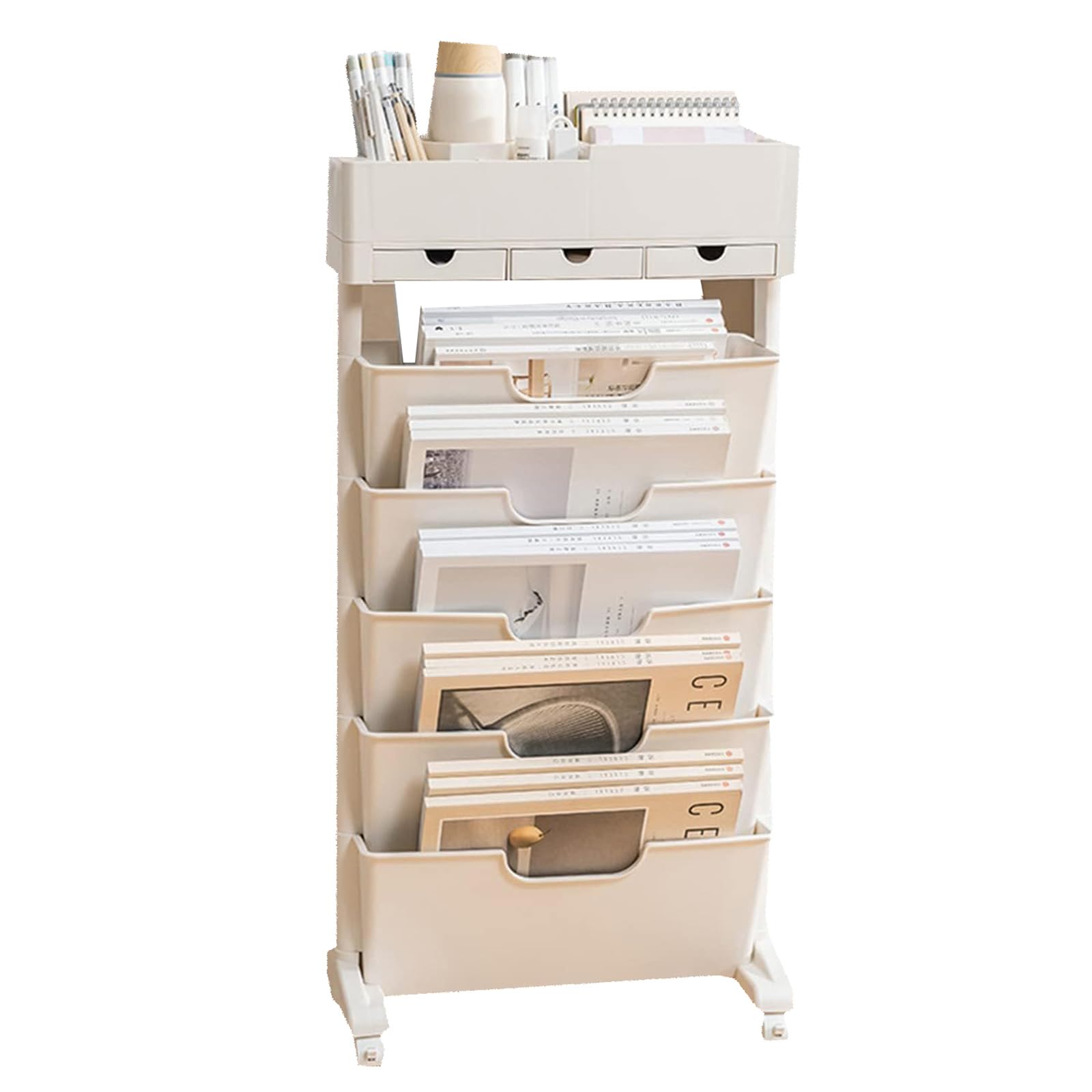 HM&DX 6 Tier Rolling File Carts with Wheels,Tall Narrow Bookshelf,Utility Cart with Wheels,Classroom Deskside Movable Book Shelf,Multi-Functional Storage Shelves for Office Kitchen Classroom