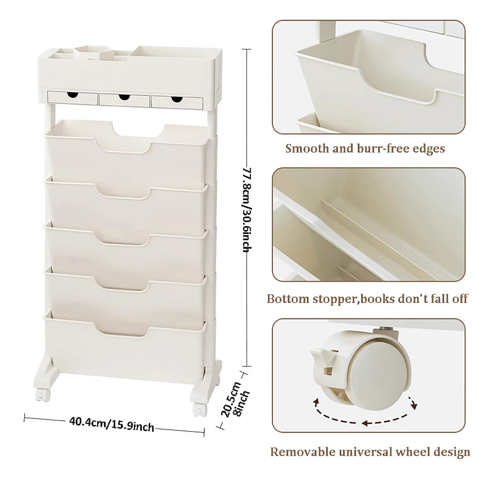 HM&DX 6 Tier Rolling File Carts with Wheels,Tall Narrow Bookshelf,Utility Cart with Wheels,Classroom Deskside Movable Book Shelf,Multi-Functional Storage Shelves for Office Kitchen Classroom