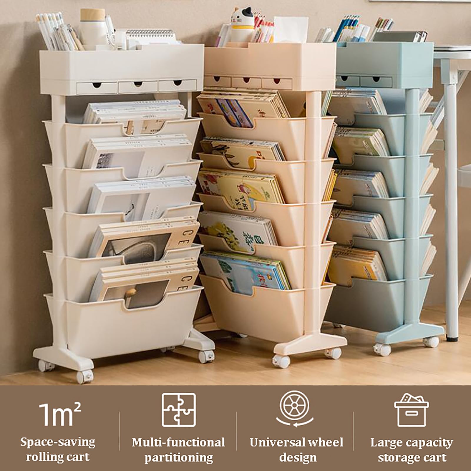 HM&DX 6 Tier Rolling File Carts with Wheels,Tall Narrow Bookshelf,Utility Cart with Wheels,Classroom Deskside Movable Book Shelf,Multi-Functional Storage Shelves for Office Kitchen Classroom