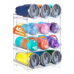 iroonn large compartment water bottle organizer, stackable water bottle organizer for cabinet, 4 tier water bottle holder for kitchen pantry, plastic wine rack tumbler travel cups storage
