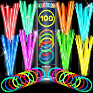 azen 100 pcs glow sticks bulk, 8 inch glow in the dark party supplies pack, neon party favors decorations glow necklaces and glow bracelets for kids