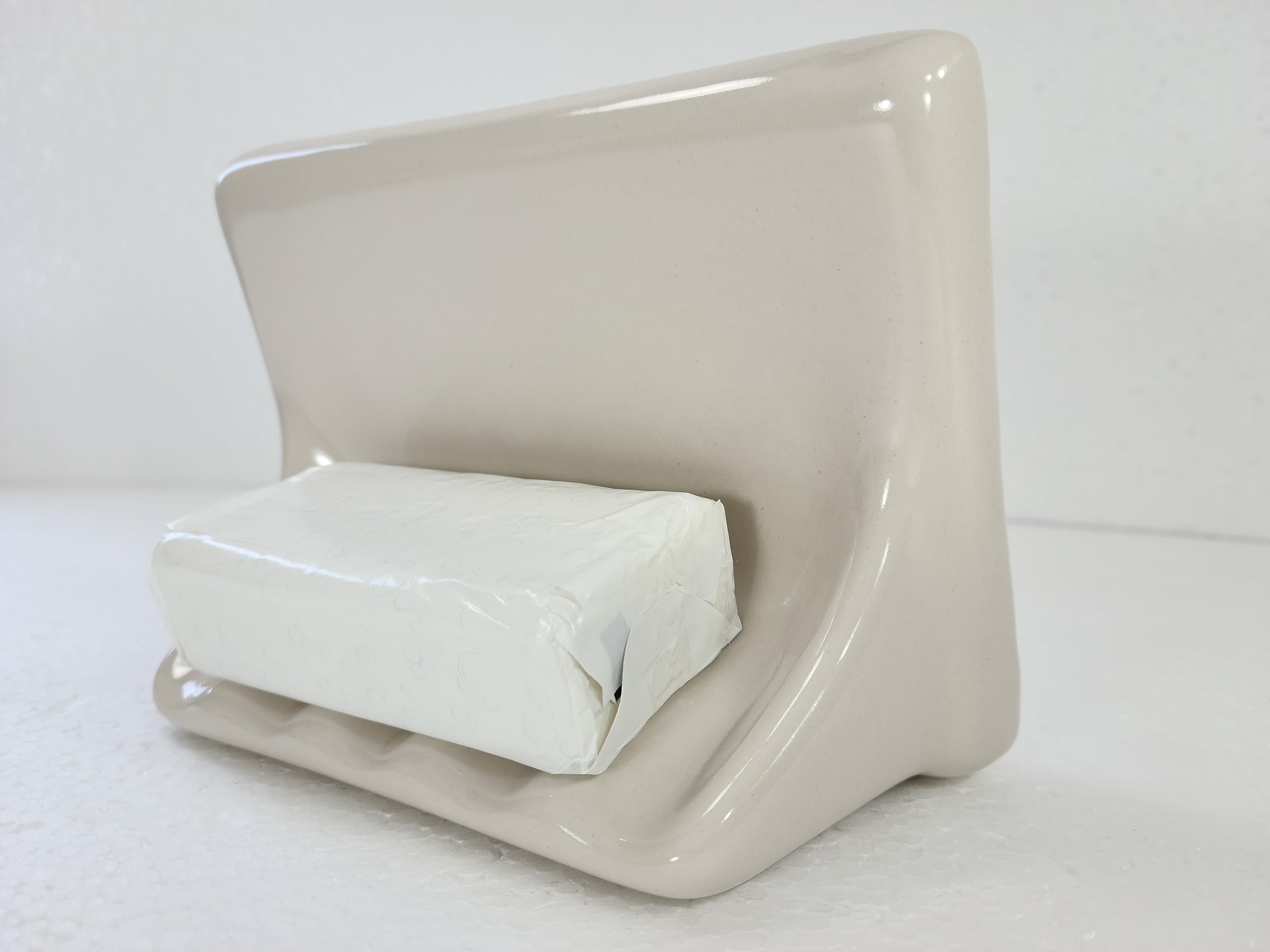 Beige Bone Almond Ceramic Soap Dish Shower Tray Tile in Installation Vintage Mid Century Modern Retro