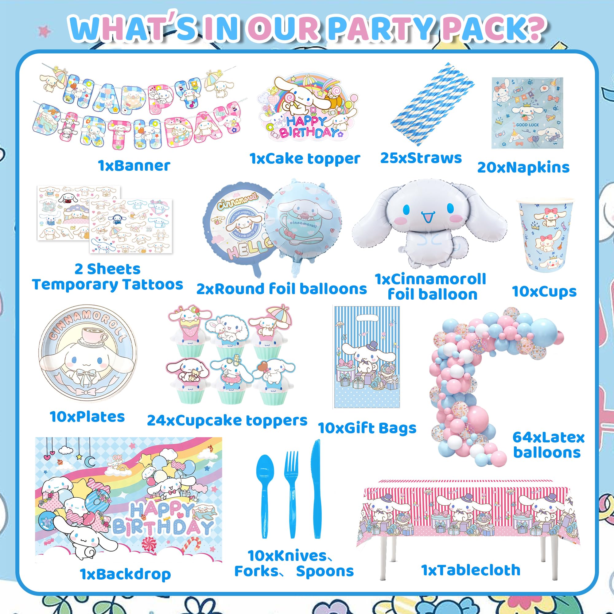 202PCS Cute Birthday Party Supplies, Kawaii Birthday Party Decorations include Banner, Latex Balloons, Backdrop, Cake Topper, Tableware, Plates, Napkins, Temporary Tattoos for Kids Birthday