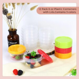 GothaBach 12 Pack 8 oz Plastic Containers with Lids, Small Freezer Containers, Reusable Deli Containers Food Storage Jars, 8 oz Plastic Food Sauce Containers(3 Colors)