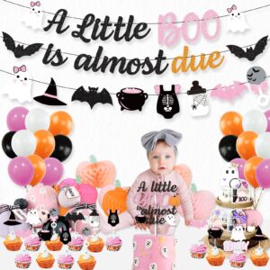 K KUMEED Pink Orange Halloween Baby Shower Decorations, A Little Boo is Almost Due Banner,Cute Ghost Baby's Bottle Cake Topper and Latex Balloons for Girls Little Boo Baby Shower Party Supplies