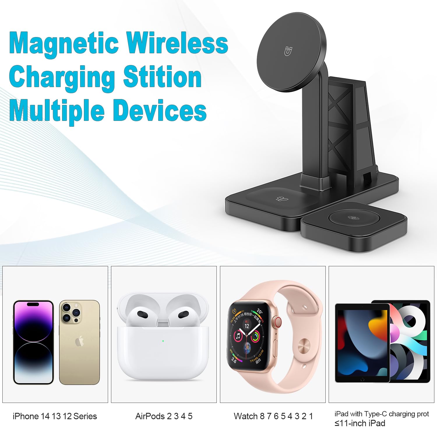 4 in 1 Wireless Charging Station for Apple Multiple Devices, Magnetic Fast Mag-Safe Multi Charger Stand for Apple Products iPhone 15 14 13 12 Series, Watch 8 7 6 5 4 3 2 1 AirPods 2 3 4 5