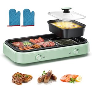 electric hot pot with grill, 2 in 1 multi-function barbecue shabu hot pot, independent dual temperature control, detachable smokeless non-stick shabu korean bbq grill, easy cleaning