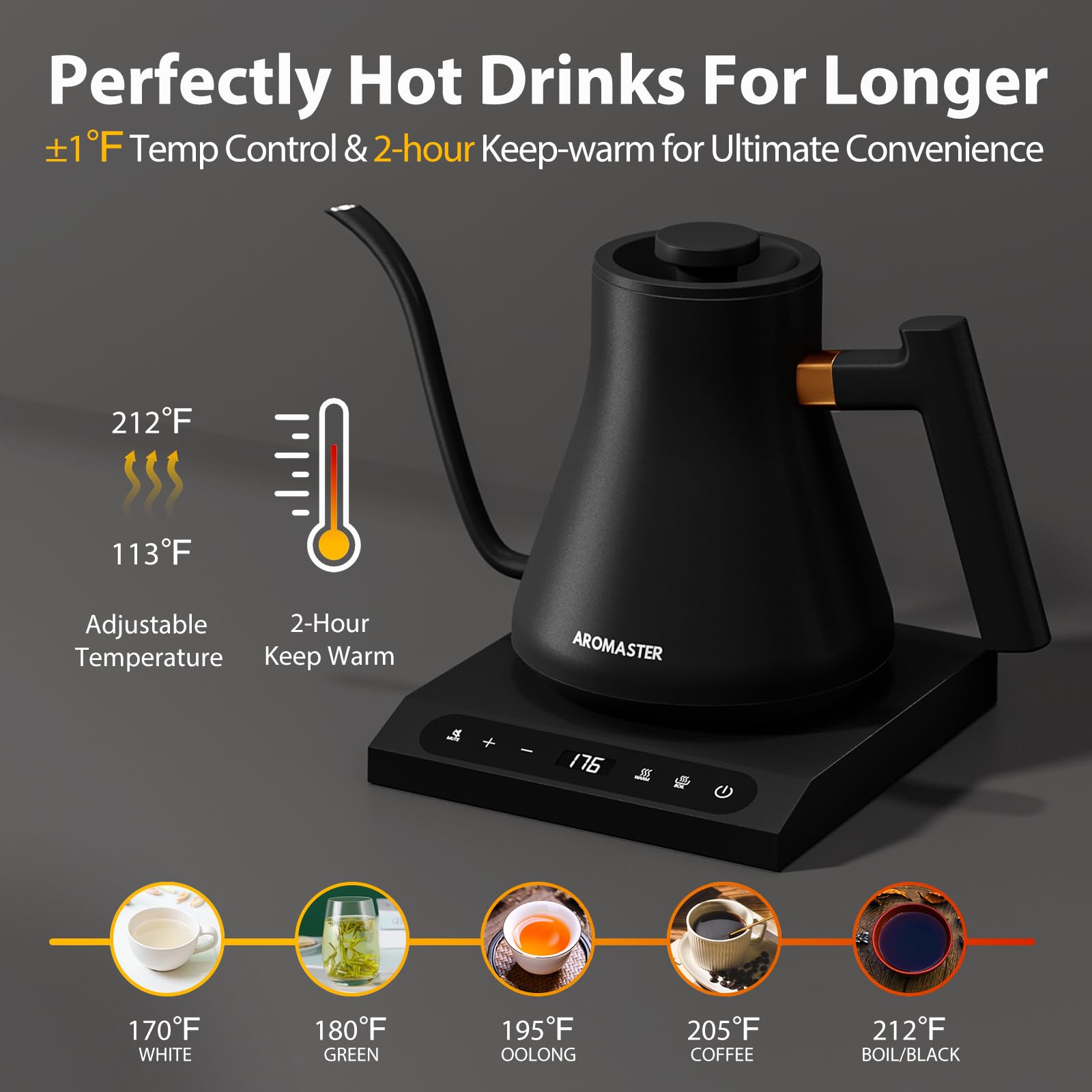 Gooseneck Kettle with Temperature Control, Aromaster Electric Coffee Tea Kettle,Stainless Steel,2H Keep Warm,1200 Watt Quick Heating Electric Tea Pot for Family,Auto Shut-Off,0.9L Black