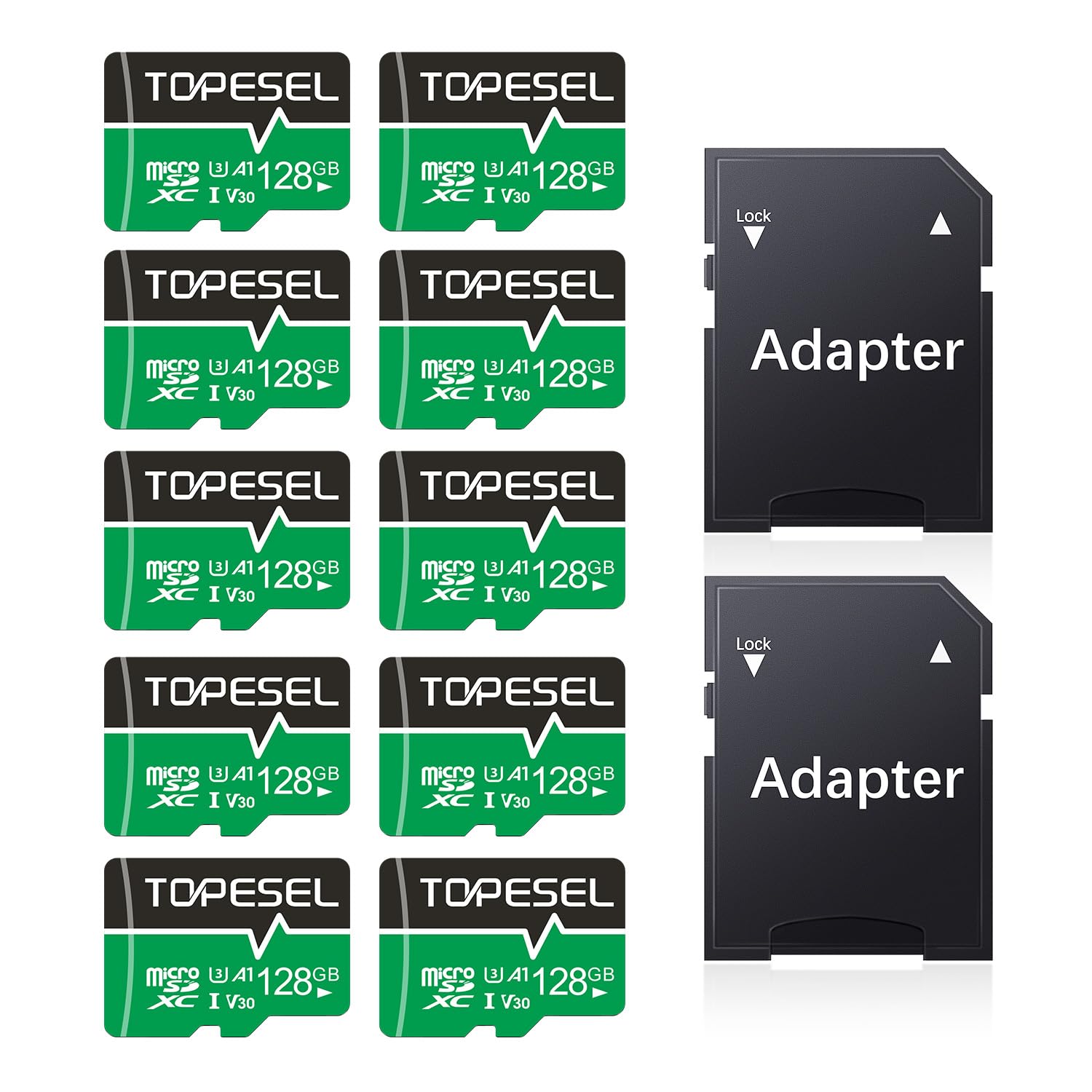 TOPESEL 128GB Micro SD Card 10 Pack Memory Cards Micro SDXC UHS-I U3 A1 V30, Class 10 TF Card for Camera/Drone/Dash Cam(10 Pack U3 128GB)