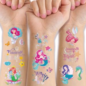 mermaid glitter temporary tattoos for kids, 4 sheets bronzing fake tattoos for girls, cute under sea animal body arm shoulder tattoos stickers waterproof tattoos, party favors supplies decor gifts