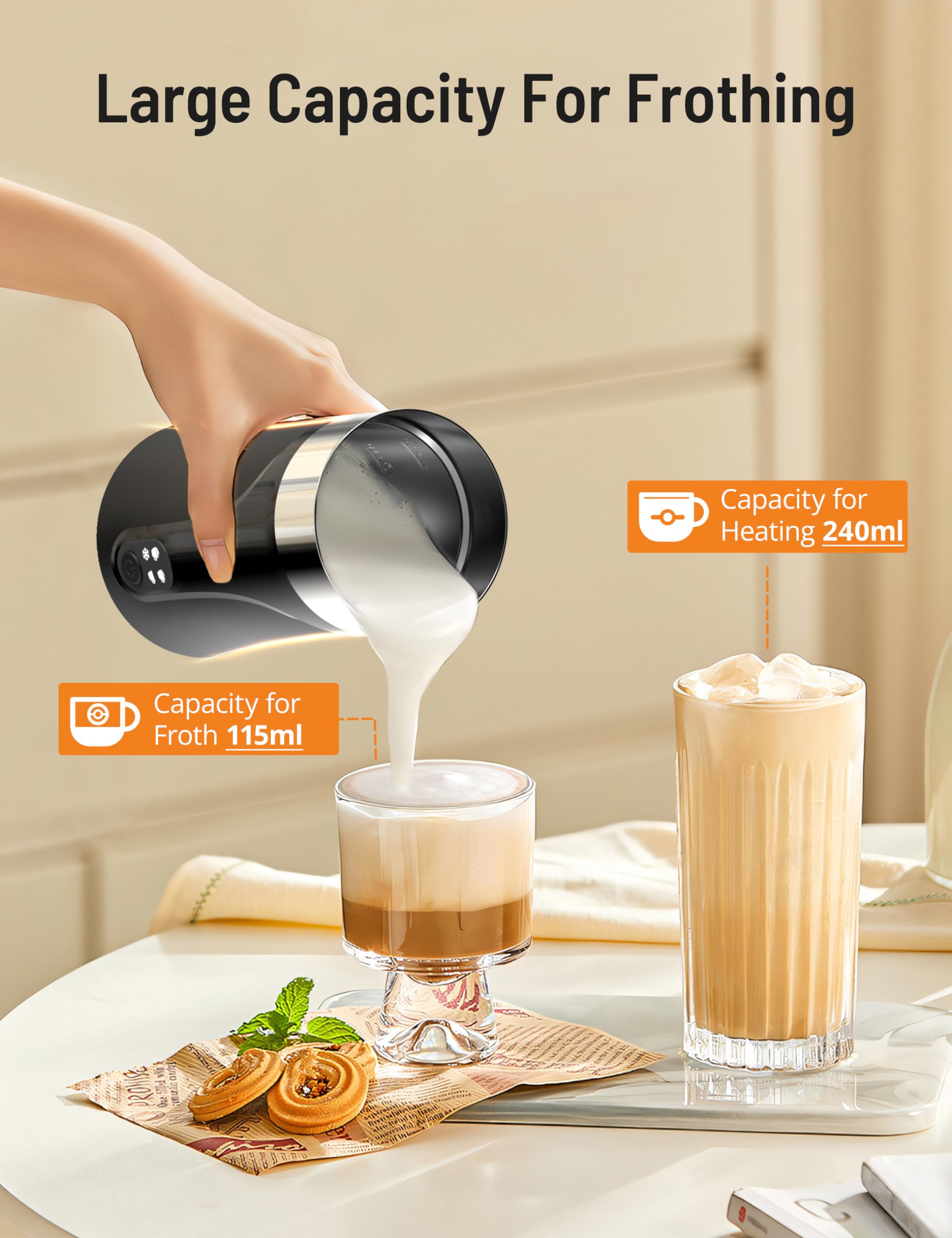 KLEAH 4 in 1 Milk Frother and Steamer, Non-Slip Design, Stainless Steel, Silent Operation Hot & Cold Milk Steamer, Auto Shut-Off Frother for Latte, Coffee, Cappuccino, Macchiato, Easy Cleaning, 240ml