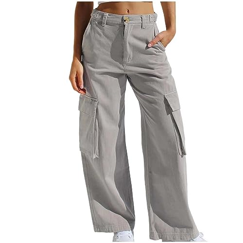 KCaHFO Cargo Pants Women Casual Loose High Waisted Straight Wide Leg Baggy Pants Combat Military Trousers with Pockets Gray