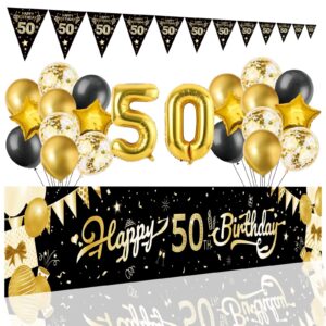 large 9.8x1.6ft happy 50th birthday decoration banner, black and gold happy birthday party decoration set anniversary celebration backdrop 50th birthday foil latex balloons for men and women