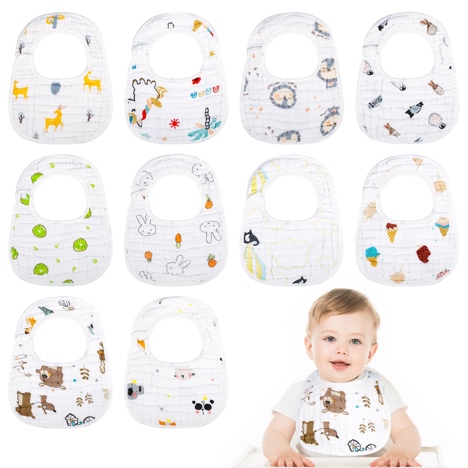 Fuyamp 10 Pcs Muslin Baby Bibs Snap Muslin Bibs for Boys & Girls, 100% Cotton Muslin Absorbent & Soft Layers, 8 Layers Muslin Bibs for Infant Teething and Drooling