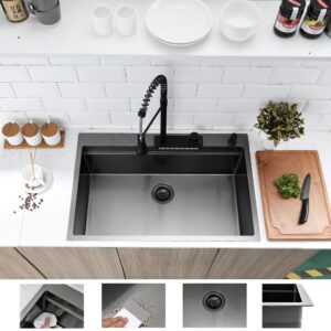 BoomHoze 33-inch Black Waterfall Kitchen Sink Drop in with Faucet Combo, 33x22 Drop-in Kitchen Sink Workstation Topmount 16 Gauge Stainless Steel Single Bowl Kitchen Sink